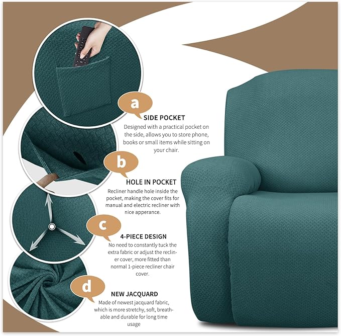 JIVINER 6-Piece Loveseat Recliner Slipcover Stretch Jacquard Recliner Sofa Cover 2 Seater Washable Reclining Couch Cover with Pocket Fitted Furniture Protector Cover (Loveseat Recliner, Peacock Blue)