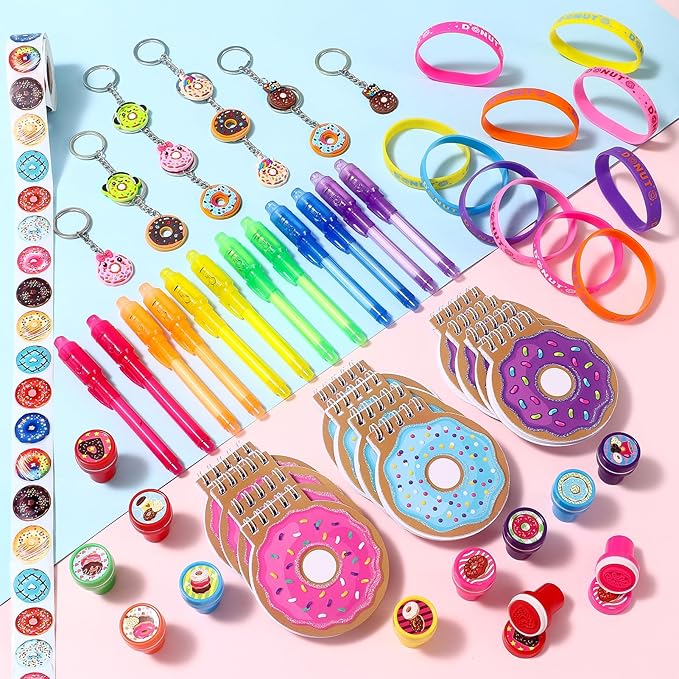 61 Donut Party Favors Two Sweet Birthday Party Supplies Mini Notebook Ink Pen Stamp Silicone Bracelet Keychain Sticker Toy Gift Goodie Bag Stuffer Kid Girl Candyland Party Favors