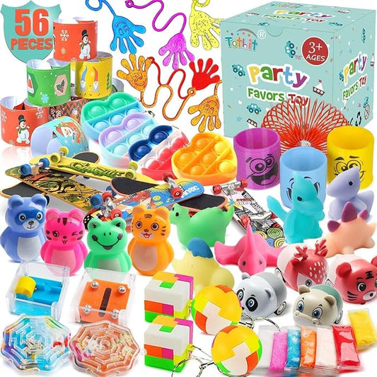 56 Pcs Party Favors Toys for Kids 4-8 8-12 3-5, Treasure Chest Box Toys Classroom Carnival Prizes Small Bulk Pop Fidget Toys Pack Pinata Stuffers Birthday Gifts Goodie Goody Candy Bags Fillers