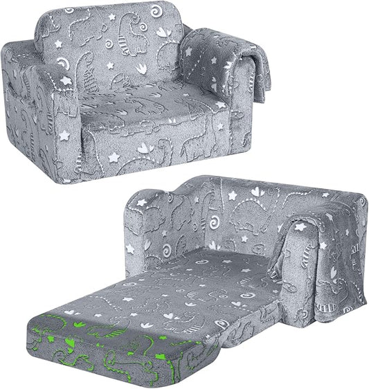 MeMoreCool Kids Dinosaur Couch, Foldable Toddler Chair, Glow in The Dark Convertible Sofa Bed, Fold Out Lounge for Boys Ages 1-3 in Playroom, Comfy Recliner Lounger (Grey)