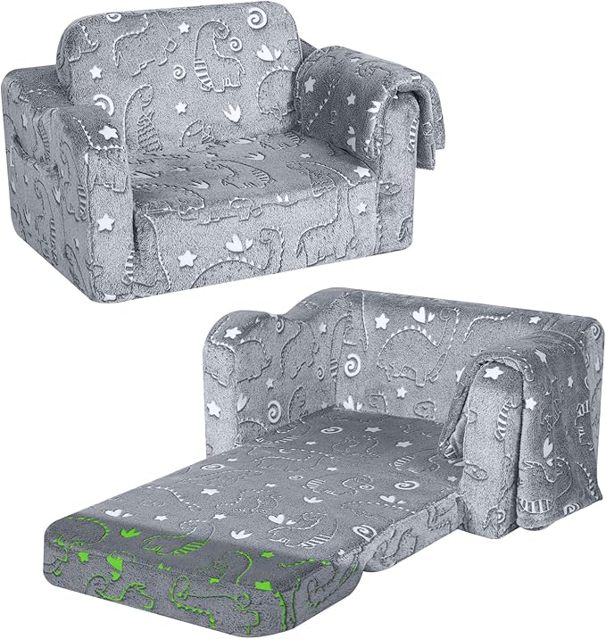MeMoreCool Kids Dinosaur Couch, Foldable Toddler Chair, Glow in The Dark Convertible Sofa Bed, Fold Out Lounge for Boys Ages 1-3 in Playroom, Comfy Recliner Lounger (Grey)
