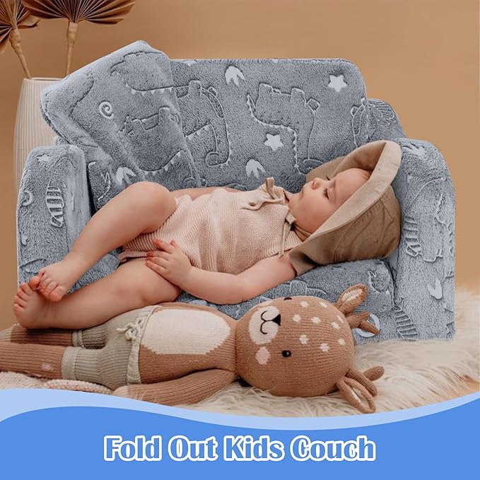 MeMoreCool Kids Dinosaur Couch, Foldable Toddler Chair, Glow in The Dark Convertible Sofa Bed, Fold Out Lounge for Boys Ages 1-3 in Playroom, Comfy Recliner Lounger (Grey)