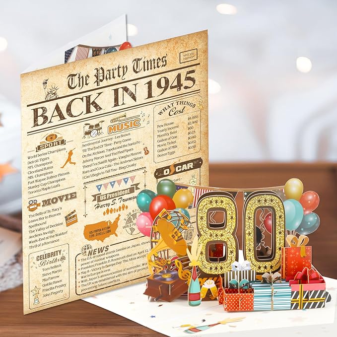 80th Birthday Card for Men Women, Funny 3D Pop Up 80th Birthday Gifts for Grandma Mom Dad, Back In 1945 Happy 80 Year Old Birthday Decorations Cards for Her Him, Classy Vintage