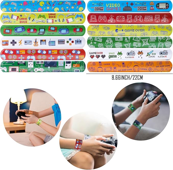 134 Pcs Video Game Party Favors, Includes Video Game Slap Bracelet Keychain Stamper Whistle Mesh Bag Card Stickers Tattoos for Kids Gaming Party Favors Birthday Goodie Bag Fillers