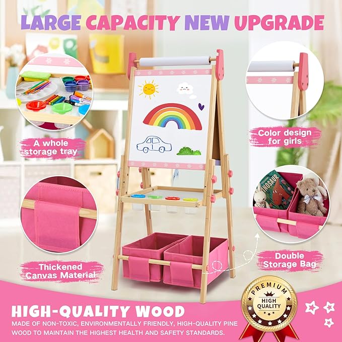 Kids Easel Including 100+ Accessories, Dual-Sided Wooden Easel for Kids Girls Age 3-12 with Magnetic Chalk & Painting Board, Free Height Adjustable Art Easel Supplies for Toddlers (Pink)