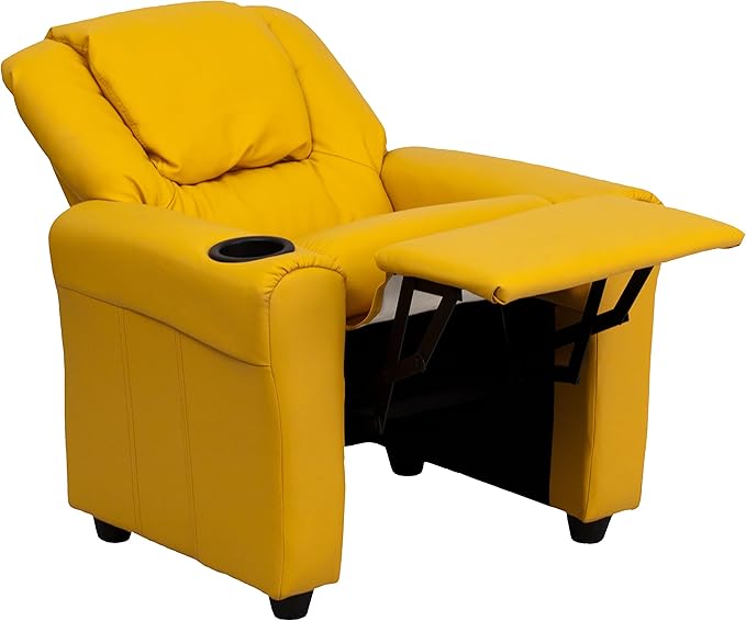 Flash Furniture Vana Vinyl Kids Recliner with Cup Holder, Headrest, and Safety Recline, Contemporary Reclining Chair for Kids, Supports up to 90 lbs., Yellow