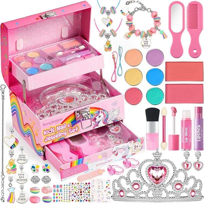 Kids Makeup Kit for Girls, Real Washable Cosmetic Set with Mirror, Jewelry Bracelet Making Kit for Kids Makeup Toy, Kids Makeup Sets for Girls 4 5 6 7 8 9 10 11 12 Years Old Kid (Pink)