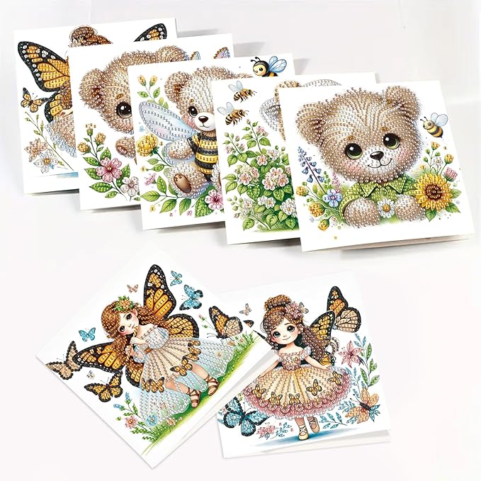 8 Packs Diamond Art Painting Greeting Cards Kit Special Shaped Diamond Art Greeting Cards with Envelope Arts Crafts for Christmas Birthday Thanksgiving Day Holiday (Bee Bear Butterfly Elf)
