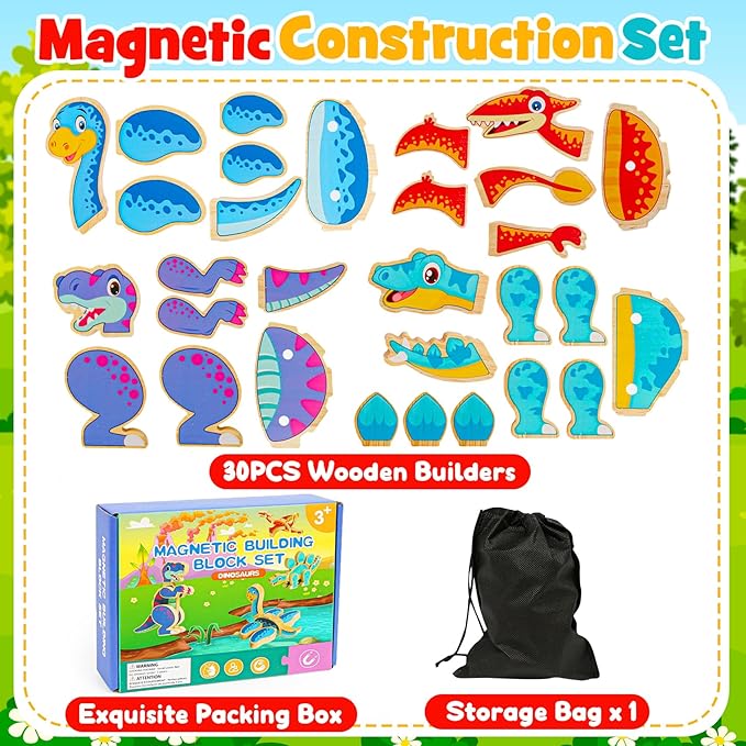 Dinosaur Toys for Kids 3-5,Wooden Magnetic Dino Take Apart Building Blocks Toys for Fine Motor Skills & Creative Play,Easter Basket Stuffers for Toddler Boys Girls