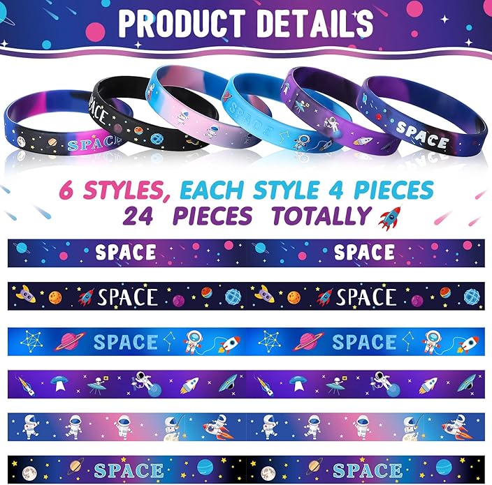 Aoriher Outer Space Party Favors Space Bracelets, Galaxy Star Astronaut Bracelets Rubber Silicone Wristbands, Alien Astronaut Toys Space Party Favors for Kids Space Birthday Themed Party