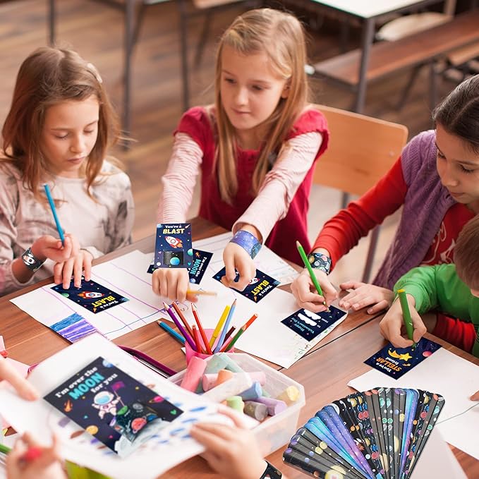 ANGOLIO 28Pcs Outer Space Theme Slap Bracelets with 28Pcs Valentine's Day Greeting Cards, Astronauts Planets Solar System Party Decoration Supplies Valentine Classroom Exchange Gift for Kids