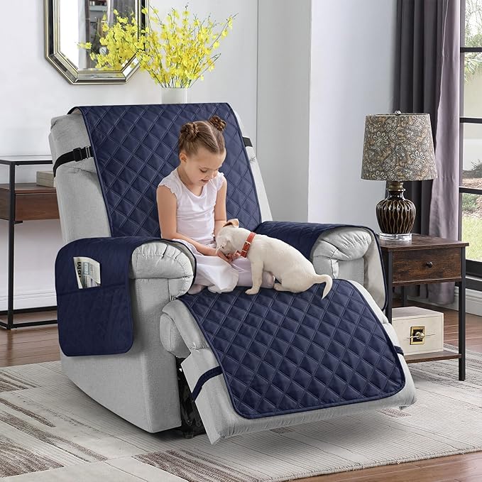 TAOCOCO Non-Slip Recliner Chair Cover Sofa Slipcover, Pet Cover for Large Recliner with Elastic Straps, Washable Chair Seat Cover Recliner Chair Furniture Protector (28'' Oversized, Dark Blue)