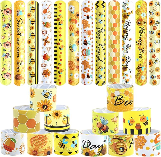 48pcs Bee Slap Bracelets Honeycomb Wristbands Assorted Color Bee Theme Party Favors Sunflower Wristband Honeybee Yellow Bee Birthday Slap Bands Baby Shower for Classroom Prizes
