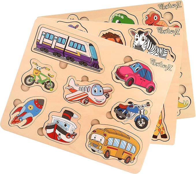 Montessori Wooden Puzzles for 1-3 Year Olds - Peg Puzzles for Toddlers - Educational and Learning Toys - Wooden Toys for 1+ Year Olds - Travel-Friendly Baby Puzzles