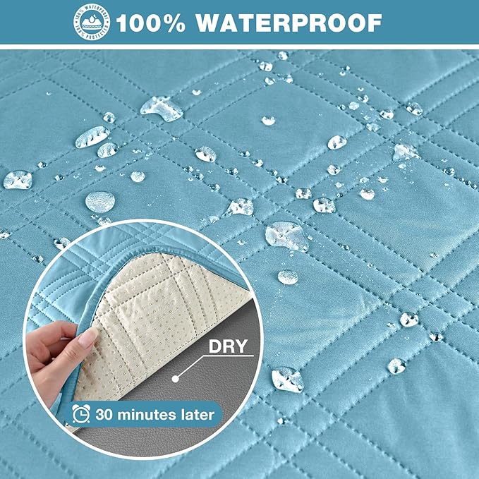 TAOCOCO 100% Waterproof Recliner Sofa Covers 3 Seater Split Couch Covers for 3 Cushion Reclining Couch with Straps, Non Slip Reclining Sofa Covers Furniture Protector for Kids Pets(3 Seater, Sky Blue)