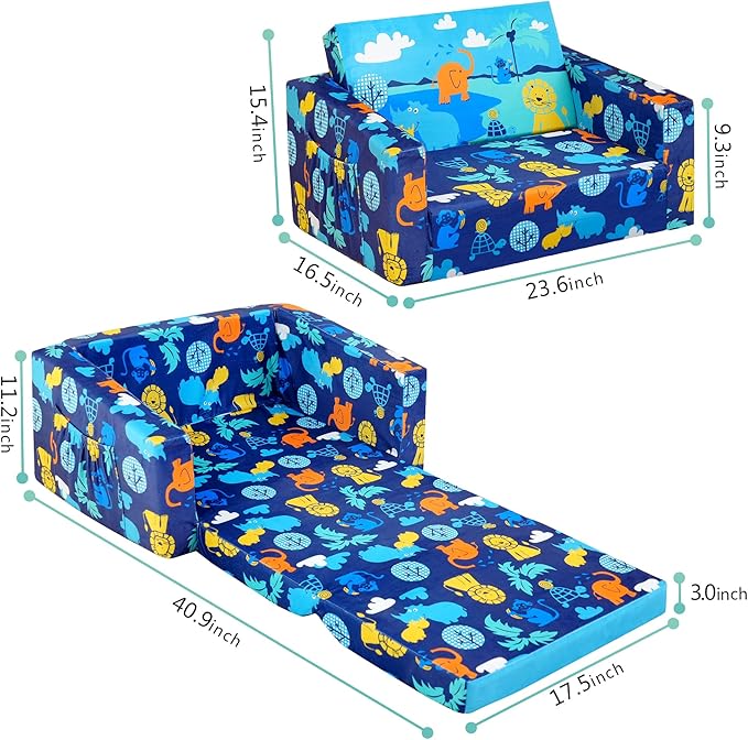 MallBest Kids Sofas Children's Sofa Bed Baby's Upholstered Couch Sleepover Chair Flipout Open Recliner（Blue）