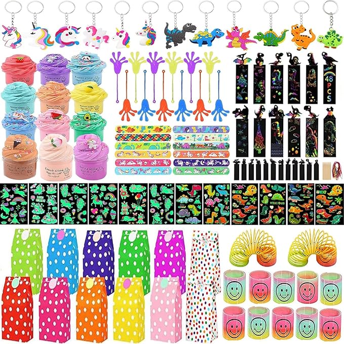 96Pcs Slime Party Favors for Kids,Unicorn Party Favors Birthday Gift with Hands Sticky,Scratch Bookmark,Dinosaur Slap Bracelets,Mini Slinky,Paper Treat Bags for Boys Girls Fun Fidget Toys