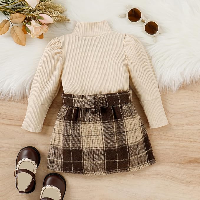 Fernvia Toddler Baby Girl Fall Winter Skirt Set Turtleneck Ribbed Long Sleeve T-Shirt Top & Plaid Skirts Dress 2Pcs Outfits