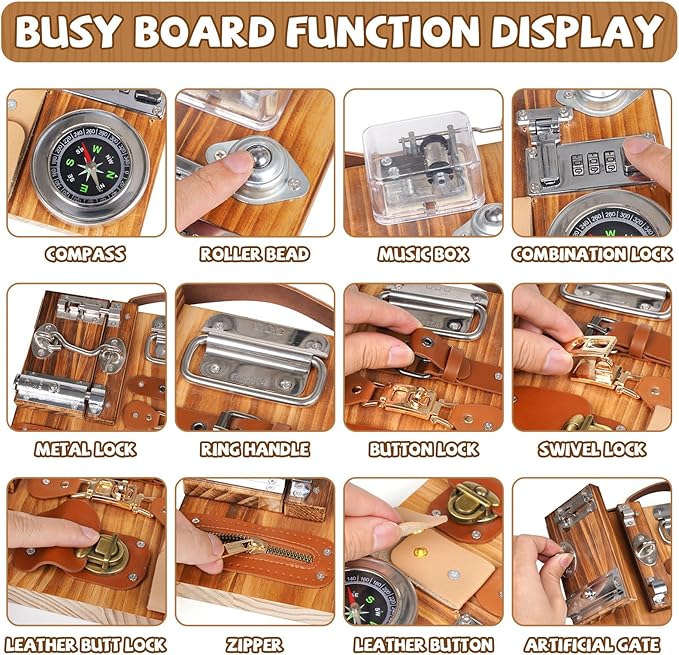 Montessori Busy Board for Toddlers Wooden Sensory Montessori Toys,Travel Toy Fidget Board Learning Activity Board for Fine Motor Skills Boys & Girls, Educational Learning Toy with Locks,Latches
