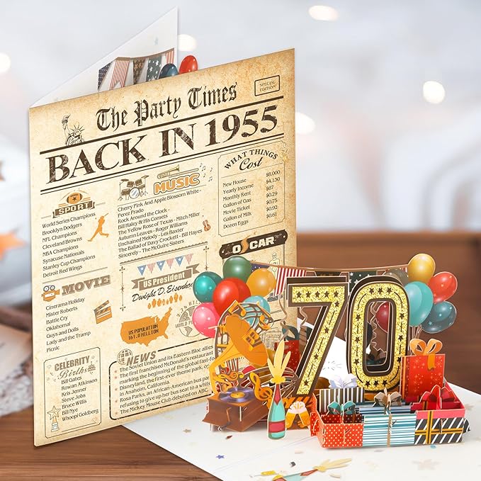 70th Birthday Card for Men Women, Funny 3D Pop Up 70th Birthday Gifts for Grandma Mom Dad, Back In 1955 Happy 70 Year Old Birthday Decorations Cards for Her Him, Classy Vintage