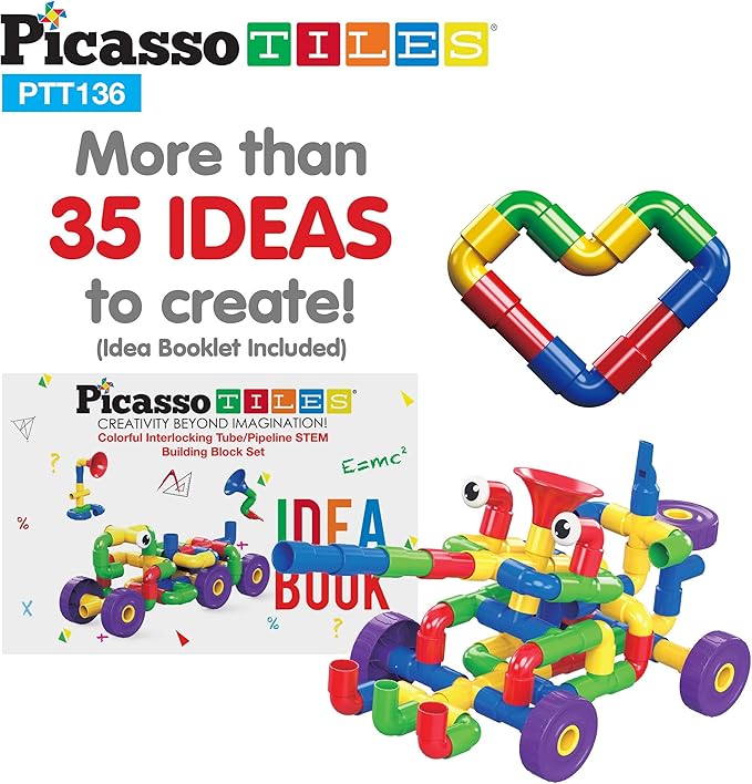 PicassoTiles PTT136 136pcs Tubular Pipes & Spout STEAM Interlocking Educational Building Block Set, Tube Locks, Pipeworks Construction Blocks w/Storage Container Box, Idea Book, Flute Musical Kit