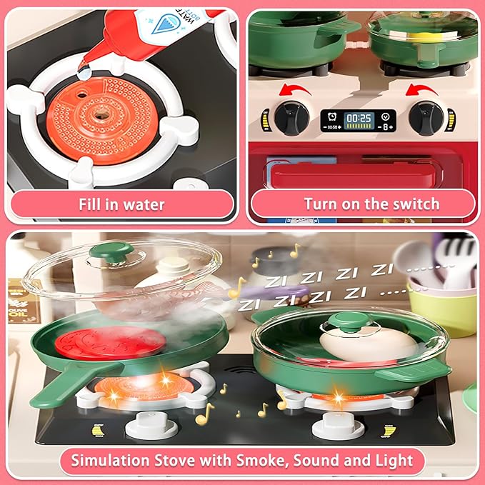 Kids Kitchen Playset Set, 63PCS Pretend Play Kitchen Toys for Toddlers, Cooking Stove with Steam Sound Light, Play Sink with Manual Faucet, Play Food Accessories Gift for Girls Boys, 33’’H