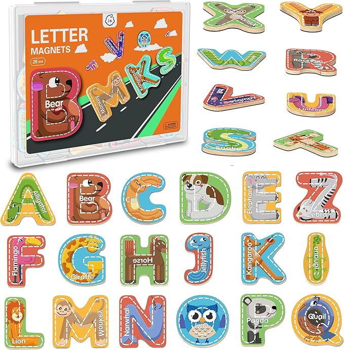 Magnetic Letter, Thickened Wooden ABC Alphabet Fridge Magnets for Toddlers 1-3, Large Cute Animal Magnet Learning Toys Set for Kids Ages 2 4 5 Years Old Preschool Learning & Educational