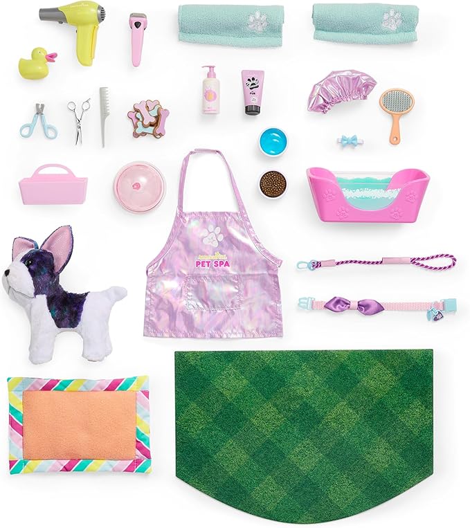 American Girl Truly Me 18-inch Doll Pet Spa & Daycare Set with Bulldog and Pretend Hair Dryer, for Ages 6+