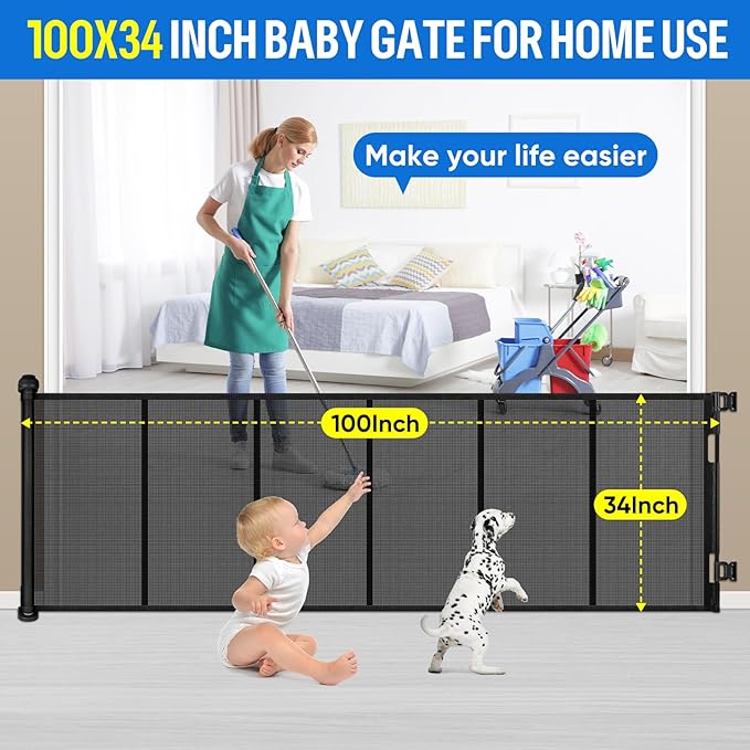 34X100” Extra Wide Safety Retractable Baby Gate, Extra Wide Safety Kids or Pets Gate, 34” Tall, Extends to 100” Extra Wide, Built-in Reinforce Strip Mesh Safety Dog Gate for Stairs (34”X100”, Black)