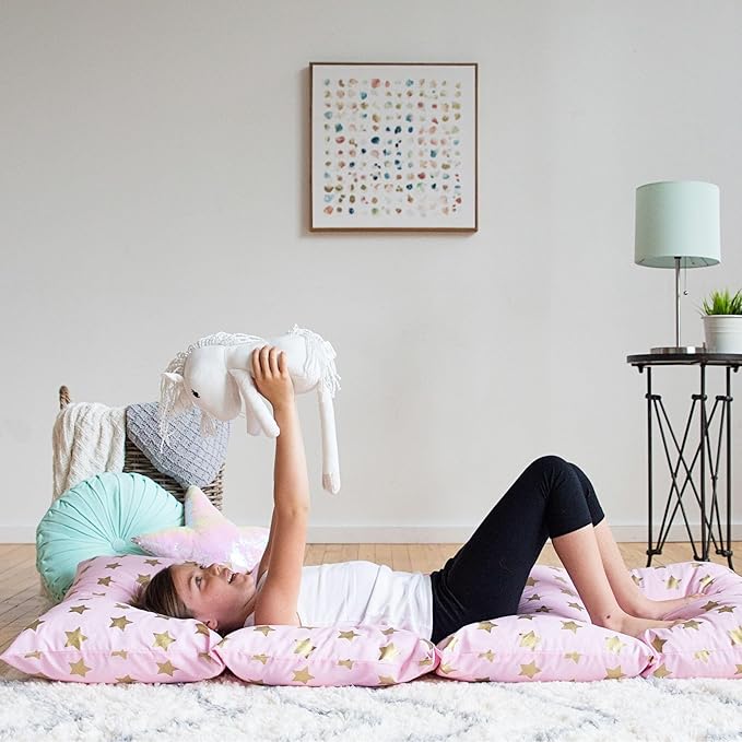 Wildkin Kids Floor Lounger: Ideal for Boys and Girls, Travel-Friendly, Perfect for Sleepovers - Pillow Lounger for Kids, Requires Standard Size Pillows Not Included (Pink and Gold Stars)