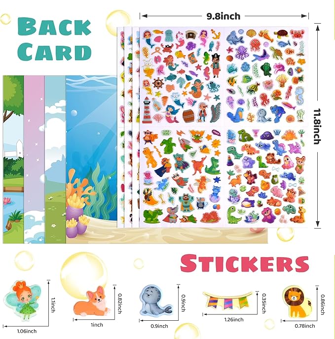3D Puffy Stickers for Kids, 16 Diffrent Sheets Over 800, 4 DIY Scene Cards of Fairy Princess Unicorn Dinosaur Animal, Coloured 3D Stickers for Toddlers Teachers as Reward, Craft Scrapbooking