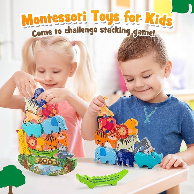 Animals Montessori Toddler Toys 2 3 4 5 6 7 Year Old Boys Girls Wooden Animal Blocks Stacking Toy Kids Easter Birthday Gifts for Boy Girl Age 3-7 Educational Toys Fine Motor Balance Game