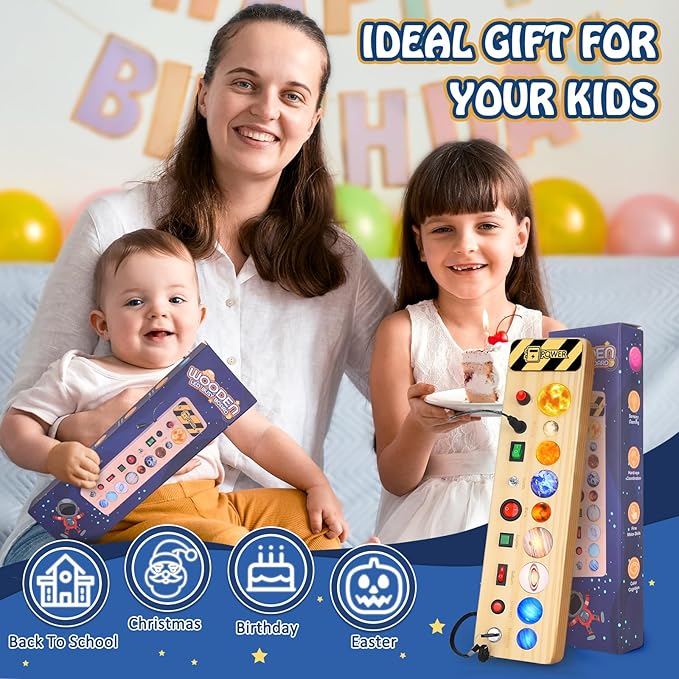 Solar System Busy Board Montessori Toys for Toddler, Wooden Sensory Board Switch Space Toy LED Light Up Travel Toys Educational Plane Travel Activity for Year Old Girls & Boys Gifts