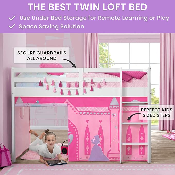 Delta Children Twin Loft Bed with Guardrail and Ladder + Tent (Bundle), White/Disney Princess