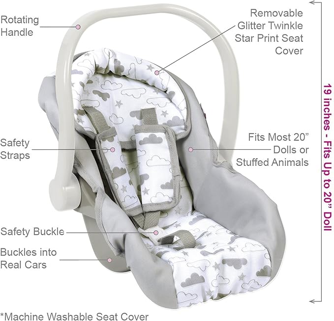 Adora Twinkle Stars Baby Doll Car Seat, Creative, Stylish and Functional Doll Accessory That Fits Dolls up to 20", Plush Toys or Stuffed Animals for Ages 2 and Up - White Handle