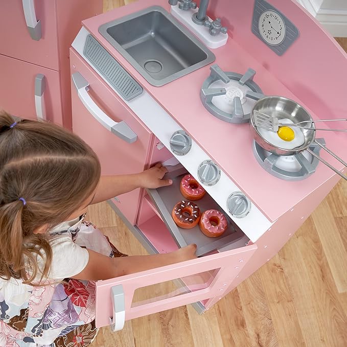 KidKraft Retro Wooden Play Kitchen and Refrigerator 2-Piece Set with Faucet, Sink, Burners and Working Knobs, Pink, Gift for Ages 3+