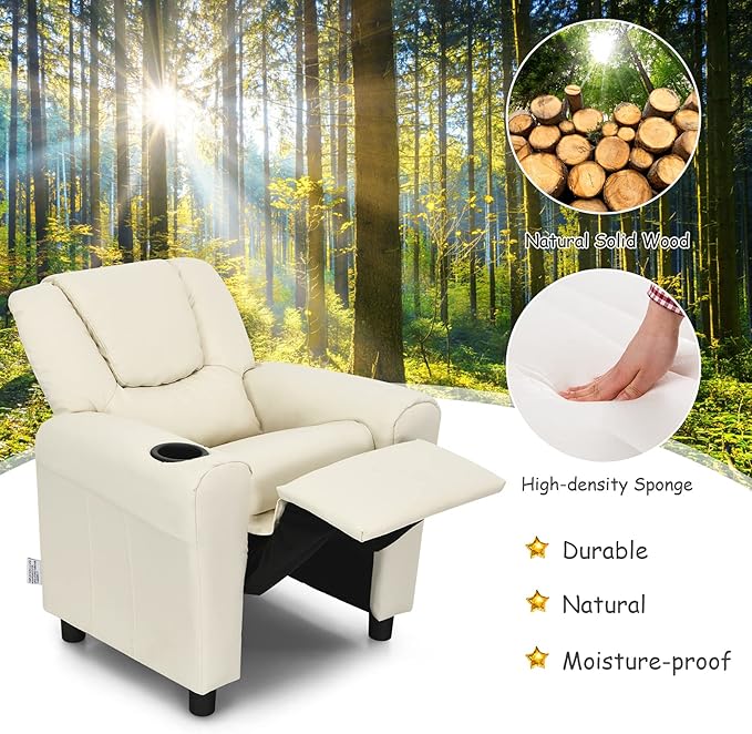 ARLIME Kids Recliner chair, toddler Armchair Upholstered Couch with Cup Holder, Backrest, baby Leather sofa with Headrest and Footrest, Child Furniture for Ages 2-7 (Beige)