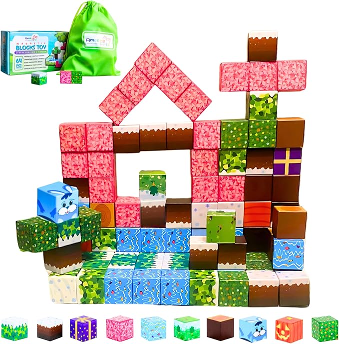 64 PCS Magnetic Blocks for Kids - STEM Montessori Sensory Toys for Toddlers Kids Boys Girls Ages 3 4 5 6 7 8 (Multicolor) - Magnetic Building Blocks Toys