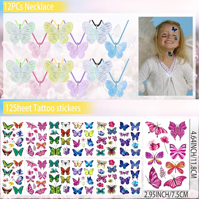 196Pcs Butterfly Party Favors Butterfly Birthday Party Supplies Tattoos Stickers Bracelets Necklaces Rings Whistles Keychains Fairy Party Favors for Girls Birthday Party Favor