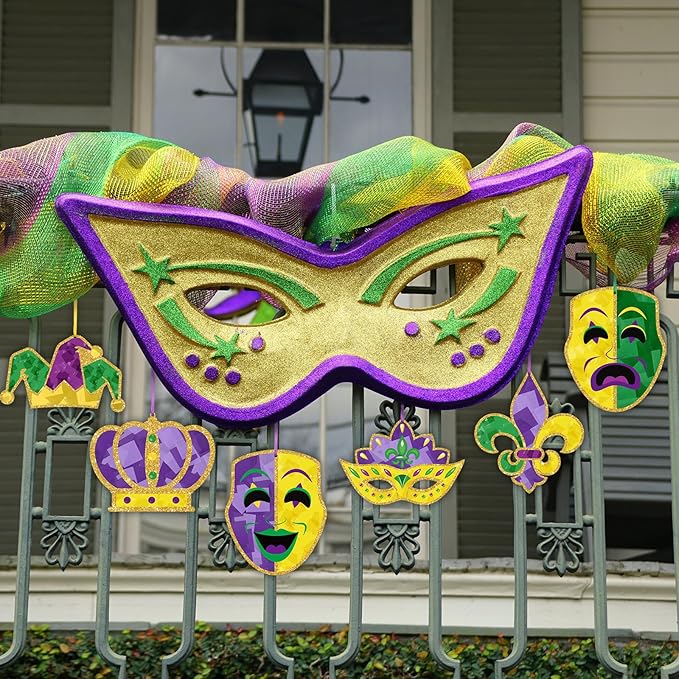 24 Sets Mardi Gras Craft Kits Tissue Paper DIY Crown Mask Fleur De Lis Hanging Ornaments Purple Green Yellow Glitter Art Decoration for Mardi Gras Masquerade Carnival Party Decoration