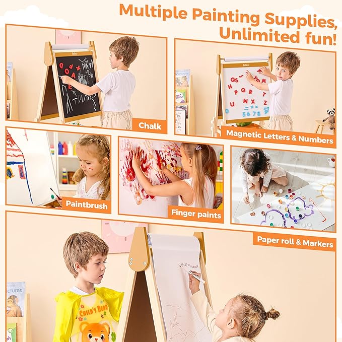 All-in-One Art Easel for Kids with 2 Paper Rolls & Deluxe Accessories, Adjustable Magnetic Double Sided Whiteboard & Chalkboard, Painting Kid Easel for Toddlers 2-8, Ideal Christmas Gift