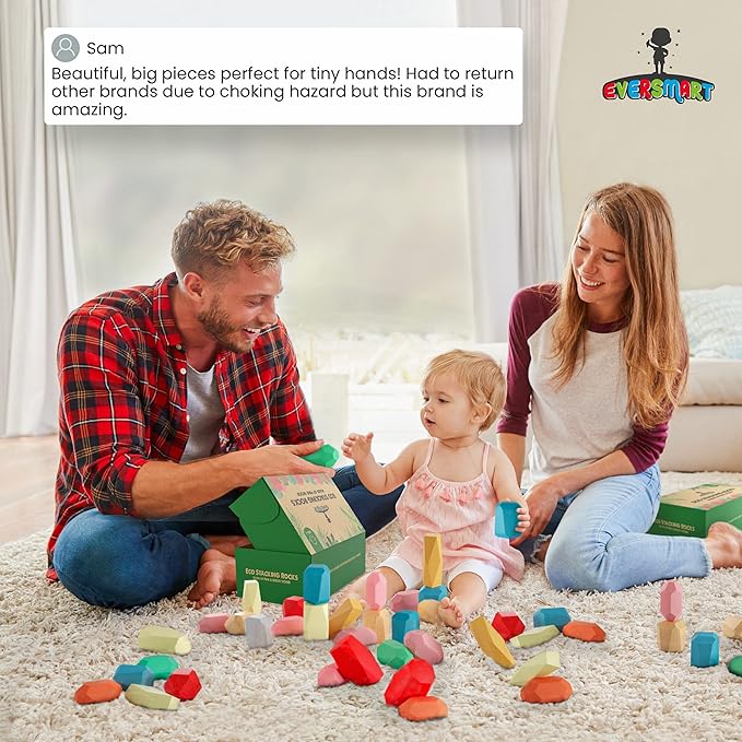 36 Pcs Wooden Stacking Blocks – Montessori Toys for 1 2 3 4 5 6 Year Old Toddlers and Kids, XL Rocks, No Choking Hazard – Sensory STEM Building Stones, for Girls and Boys