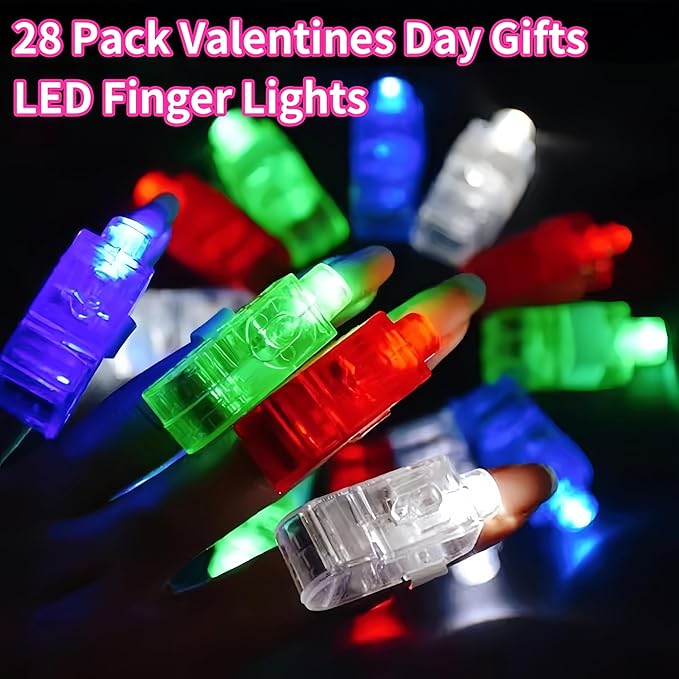 28 Pack Valentines Cards for Kids with LED Finger Lights, Valentines Day Gifts for Kids, Light Up Toys Bulk Valentines Day Cards for Kids Classroom School Exchange Prize Party Favors Set