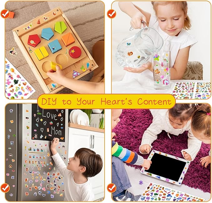 3D Puffy Stickers for Kids, 16 Diffrent Sheets Over 800, 4 DIY Scene Cards of Fairy Princess Unicorn Dinosaur Animal, Coloured 3D Stickers for Toddlers Teachers as Reward, Craft Scrapbooking