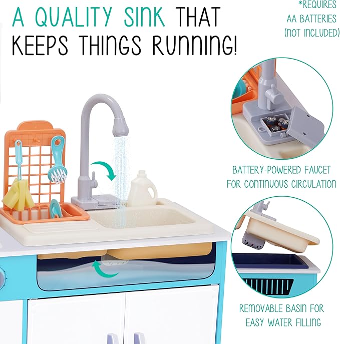 Lil' Jumbl Kids Wooden Blue Color Kitchen Set, Pretend Working Sink with Real Running Water, Includes Range Hood, Microwave & Stove Top That Make Realistic Sound & Light, Full Accessory Set Included
