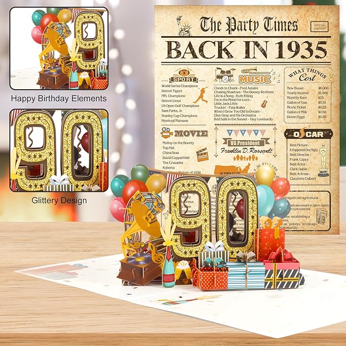 90th Birthday Card for Men Women, Funny 3D Pop Up 90th Birthday Gifts for Grandma Mom Dad, Back In 1935 Happy 90 Year Old Birthday Decorations Cards for Her Him, Classy Vintage