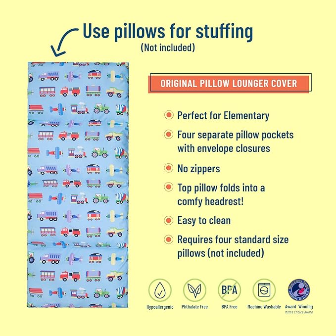 Wildkin Kids Floor Lounger: Ideal for Boys and Girls, Travel-Friendly, Perfect for Sleepovers - Pillow Lounger for Kids, Requires Standard Size Pillows Not Included (Trains, Planes, and Trucks)