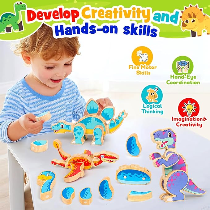 Dinosaur Toys for Kids 3-5,Wooden Magnetic Dino Take Apart Building Blocks Toys for Fine Motor Skills & Creative Play,Easter Basket Stuffers for Toddler Boys Girls