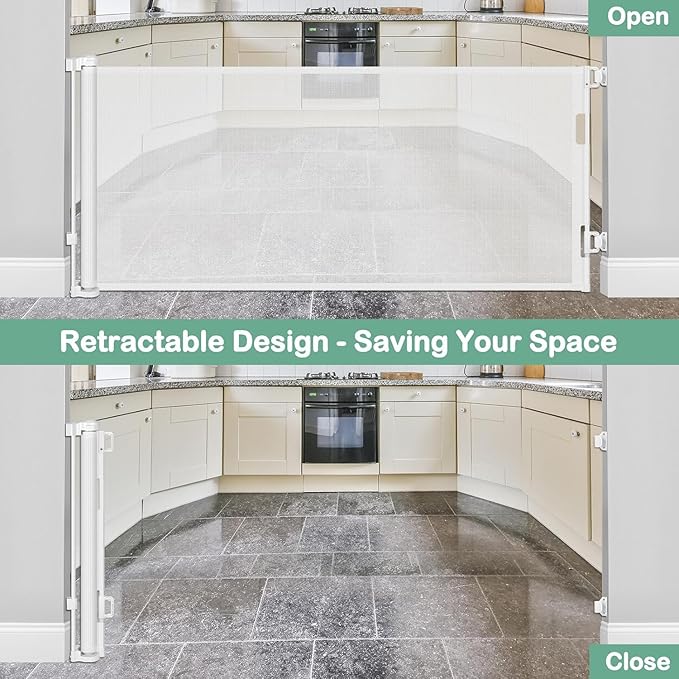 55 Inch Retractable Baby Gates for Dogs Indoor Retractable Dog Gates for The House Retractable Gate for Kids Outdoor Dog Gate for Decks Pet Gate for Stair Deck Gate Child Gate for Doorways (White)