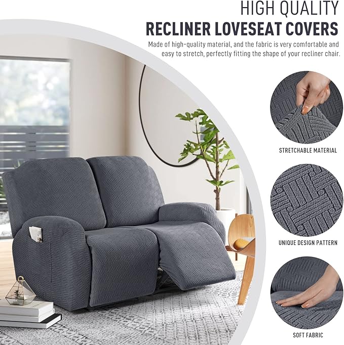 KinCam Recliner Covers, Stretch Reclining Chair Covers, Recliner Sofa Slipcovers Stripe Jacquard Recliner Couch Covers Furniture Protector Covers for Pet Kid (2 Seater, Dark Gray)